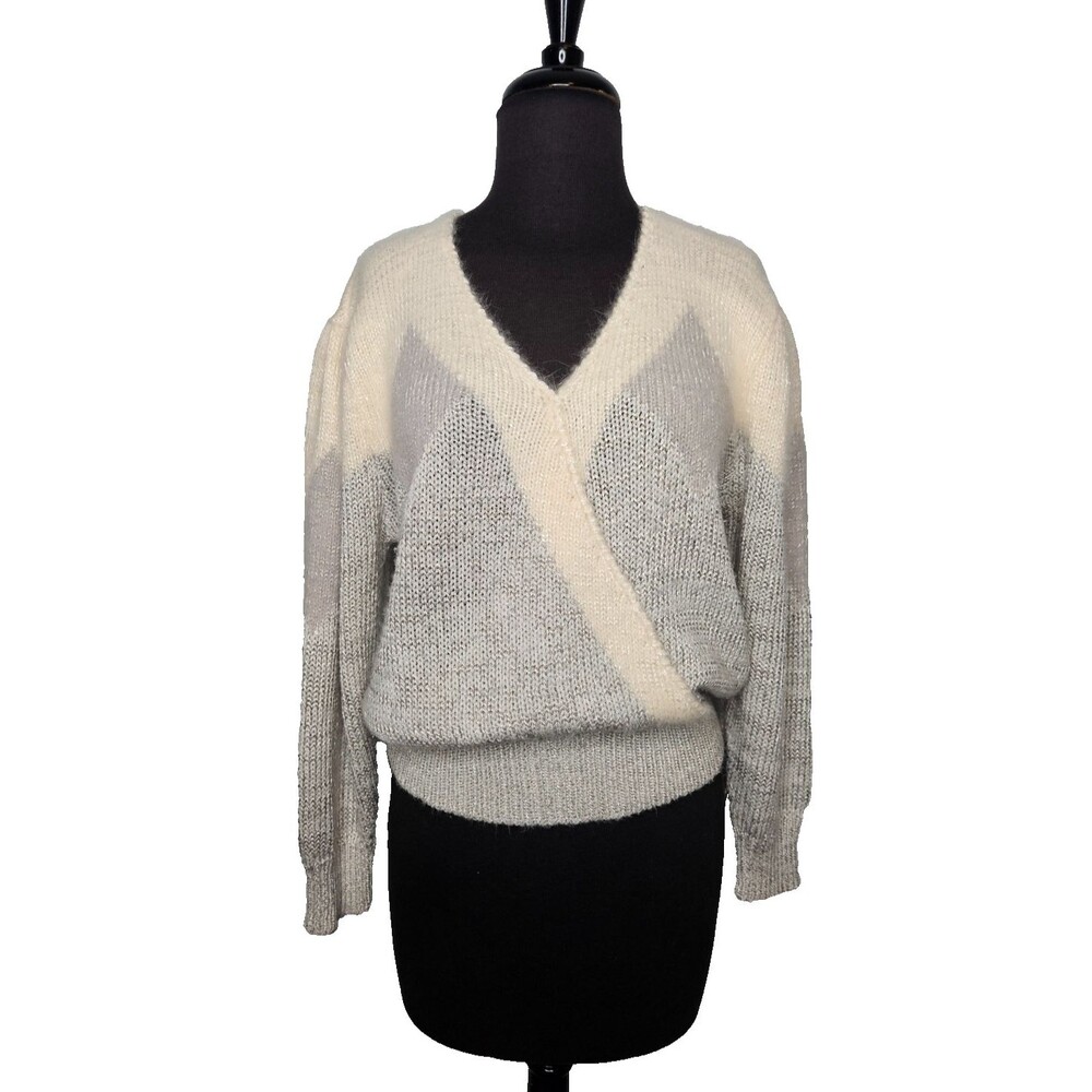 Vtg Bel-Aire Angora Wool Sweater L Puff Shoulder Surplice V-Neck Cottagecore